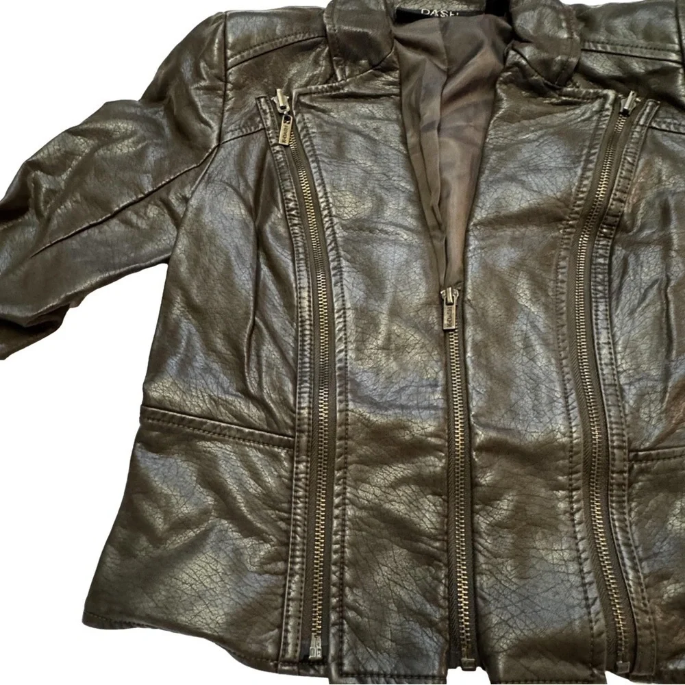 DASH by Kardashian Women's Brown Faux Leather Jacket Size XXS Peplum Pockets NEW - Picture 5 of 15